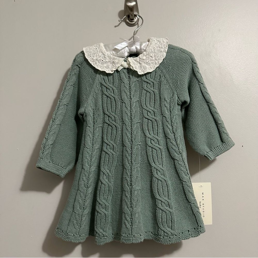 Max Studio Baby 3 Piece Cableknit Dress Outfit- Tights, Bow Shoes Size 6-9 Mos